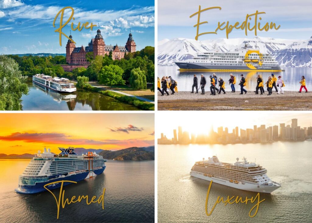 A collage of cruise types labelled: River, Expedition, Themed, Luxury