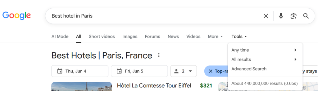 A screenshot of the google search "Best hotel in Paris"